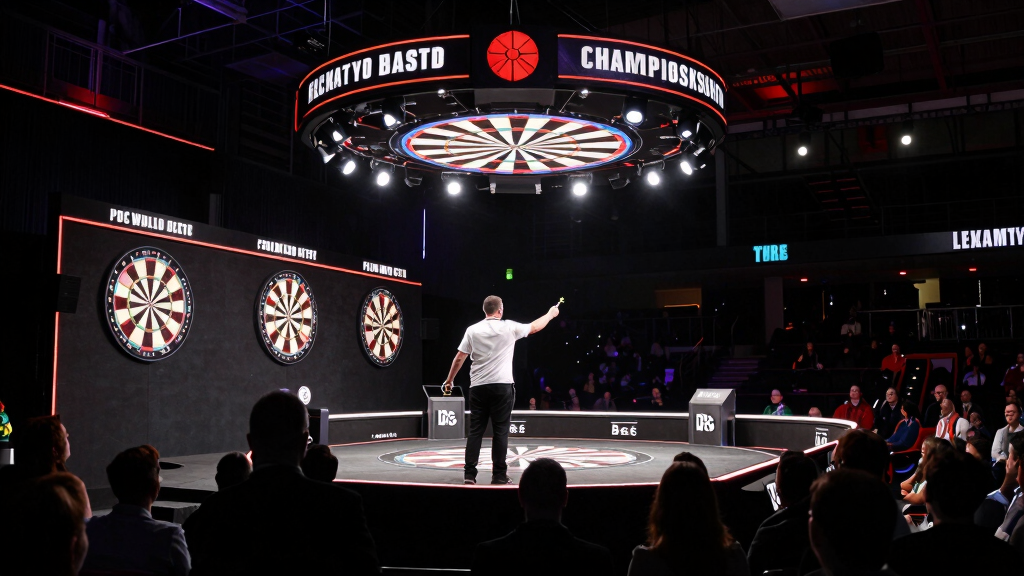 Alexandra Palace darts stage spotlights dramatic lighting