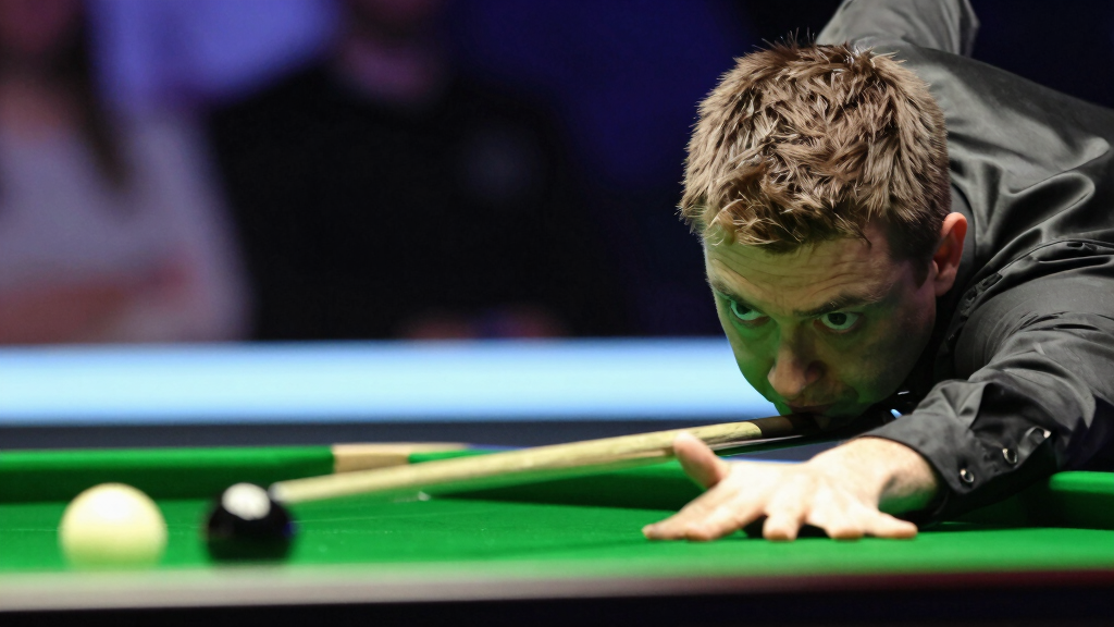 Snooker player taking precise shot concentration