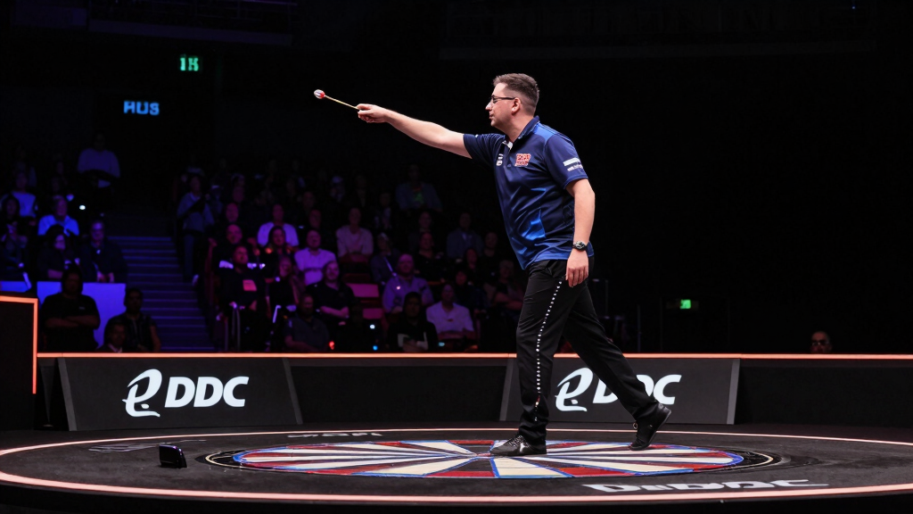 Professional darts player throwing dart at oche arena