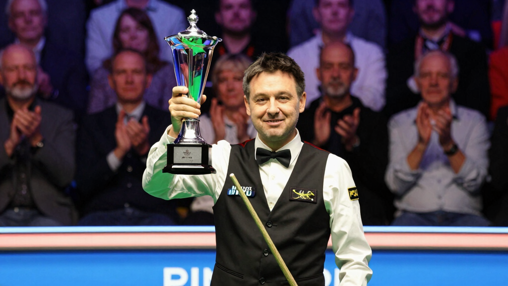 Snooker player celebrating victory holding trophy arena