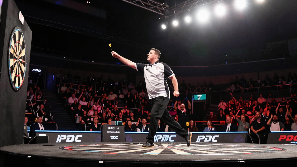 Darts player throwing at oche PDC arena crowd