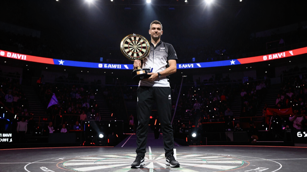 Darts player trophy ceremony celebration indoor arena